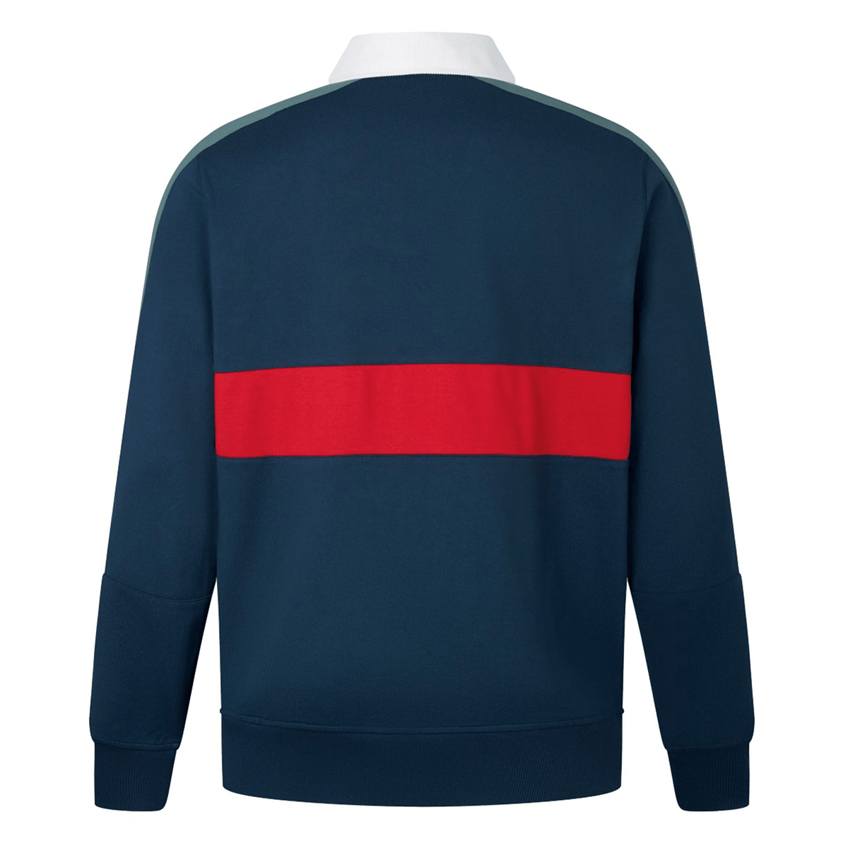 A navy blue jacket featuring a contrasting white collar and a bold red stripe across the back, inspired by the classic design of the British & Irish Lions 2025 Heritage Jersey by Canterbury.