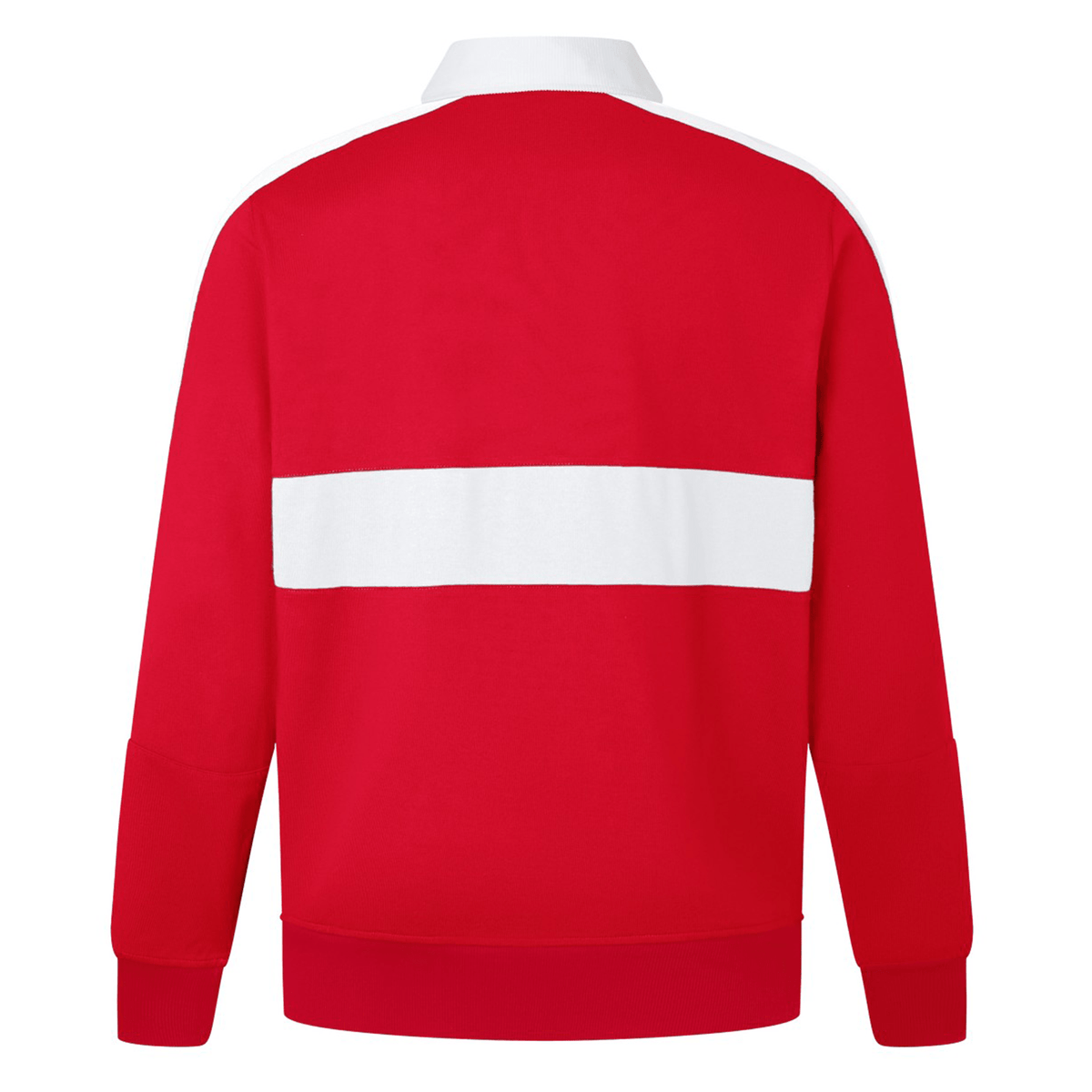 Back view of a red British & Irish Lions 2025 Heritage Jersey by Canterbury, featuring a wide horizontal white stripe across the upper back and shoulders, reminiscent of the classic design.