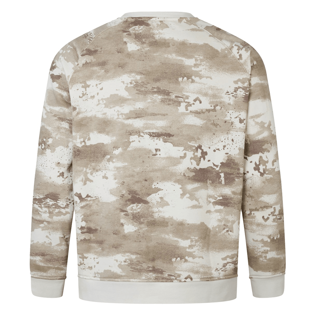 A British & Irish Lions 25 Camo Crew Sweatshirt by Canterbury, showcasing a beige and brown camouflage pattern on a white backdrop, viewed from the back.
