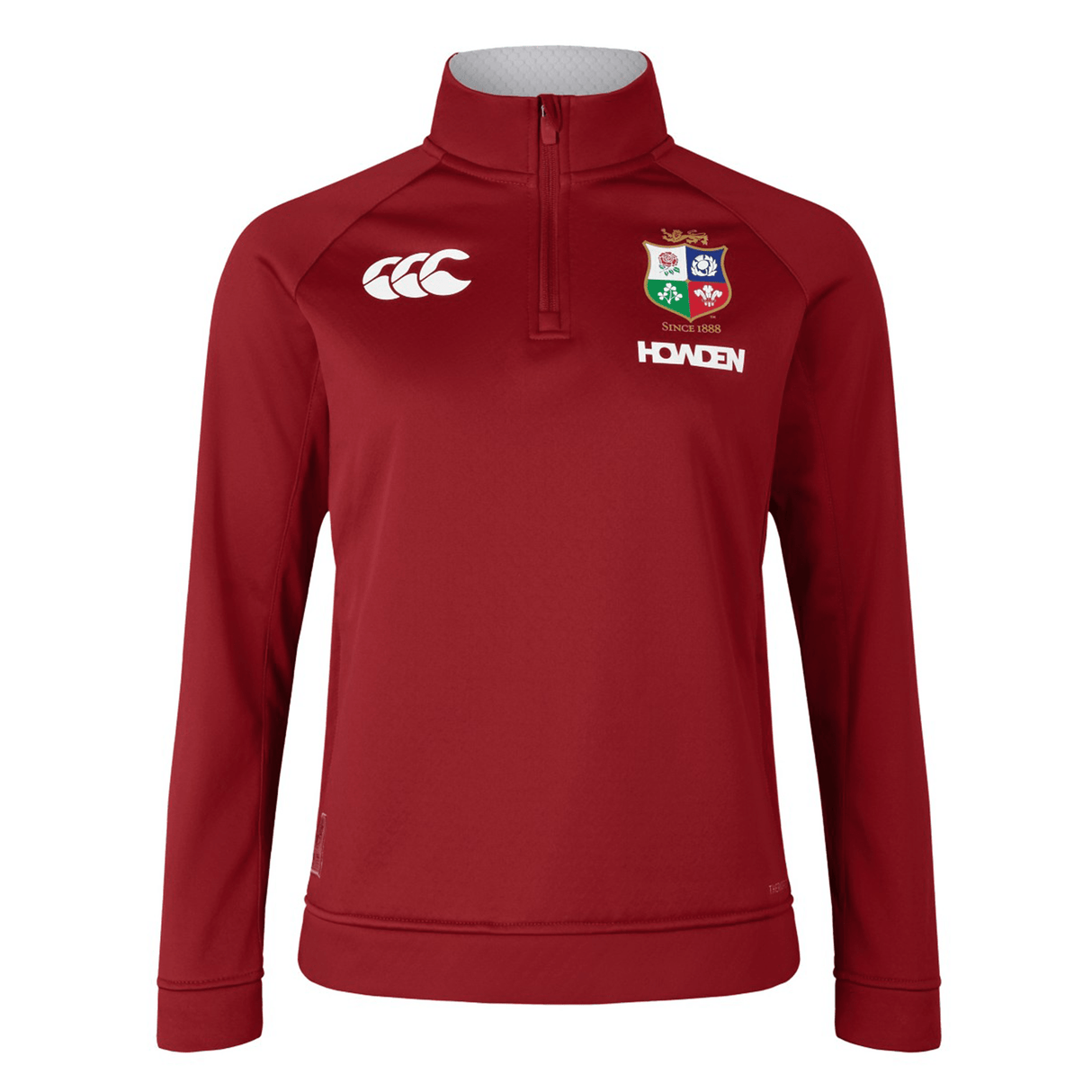A red quarter-zip fleece sports jacket designed for women features various logos, including a white Canterbury logo and "HAVDEN" on the front, making it ideal for fans of the British & Irish Lions.