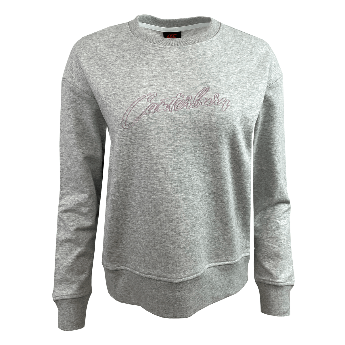 The Women's Canterbury Scene Set Crew Sweatshirt by Canterbury is a relaxed fit gray top with "Canterbury" in pink script on the chest, and rib knit cuffs and hem for comfort.