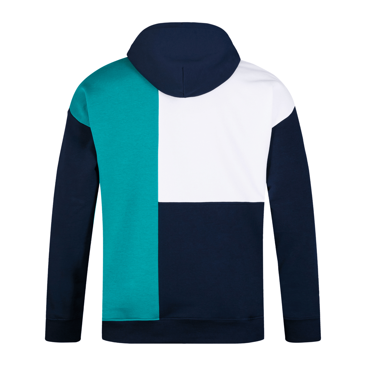 Back view of the Canterbury Harlequin Hoodie, a color-block piece in teal, white, and navy. Made with medium-weight fabric and an asymmetric design for a stylish look.