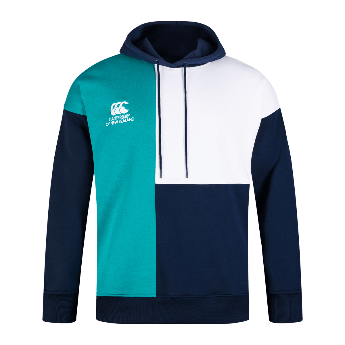 Introducing the Canterbury Harlequin Hoodie; a color-blocked masterpiece in teal, white, and navy blue. Featuring an asymmetric design, drawstring hood, and chest logo, it's crafted from soft medium-weight fabric for ultimate comfort.