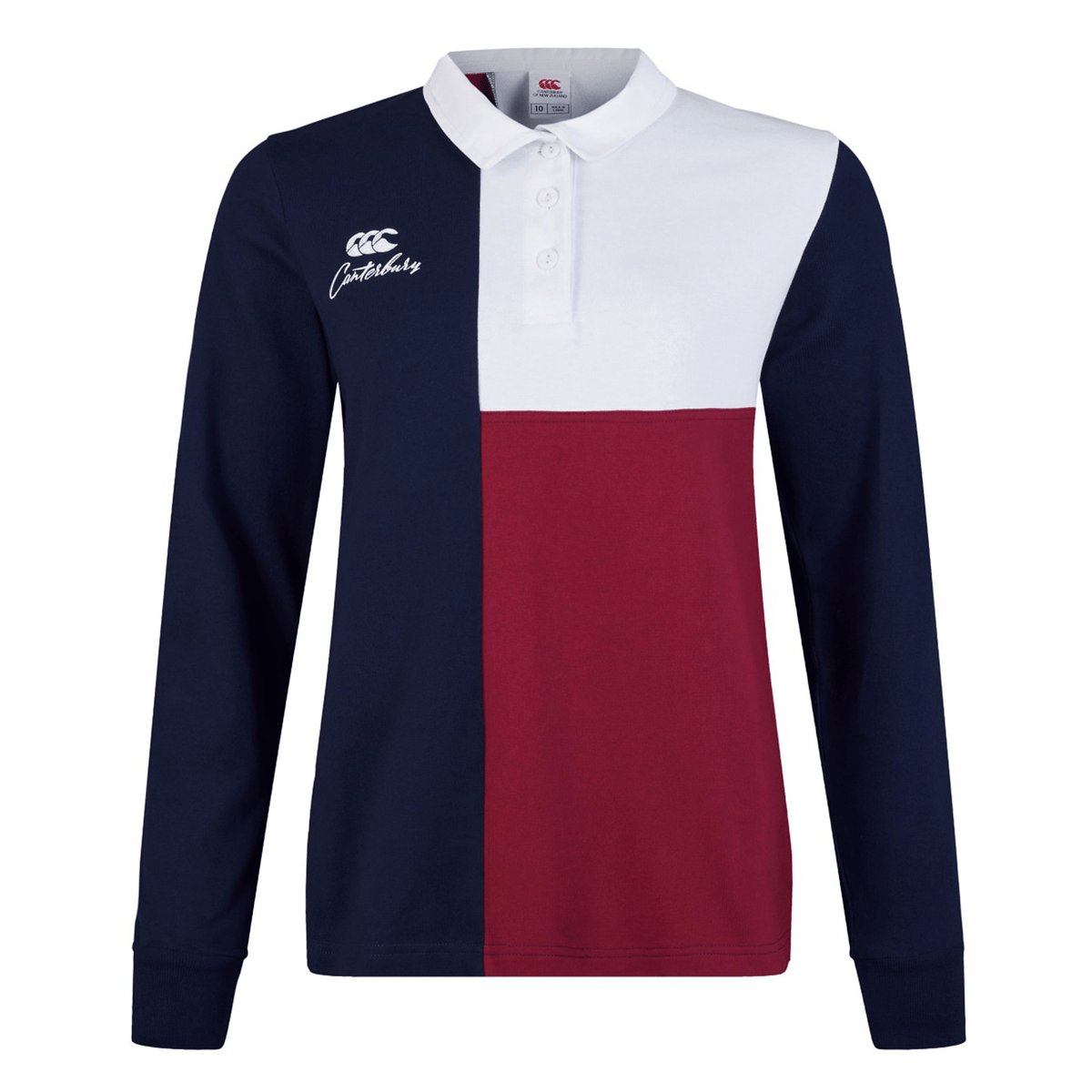 The Women's Canterbury Harlequin Weber Long Sleeve Rugby Jersey features a blue, white, and red color block resembling Harlequin style, with a classic white collar and an embroidered Canterbury logo on the chest.
