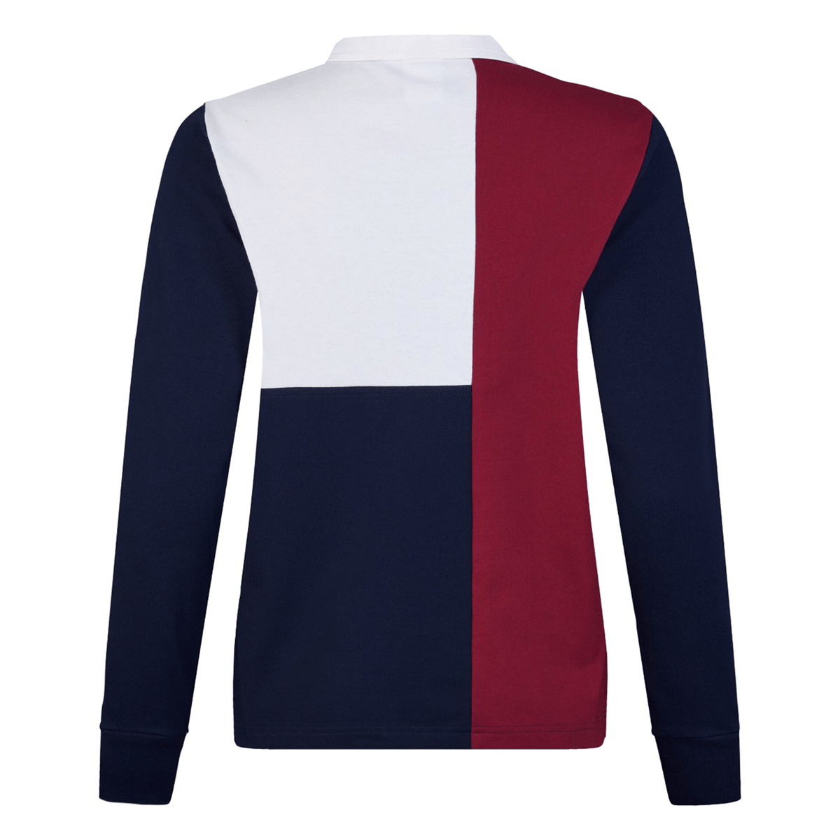 Back view of the Women's Canterbury Harlequin Weber Long Sleeve Rugby Jersey showcasing a color-block design with navy blue, white, and maroon sections.