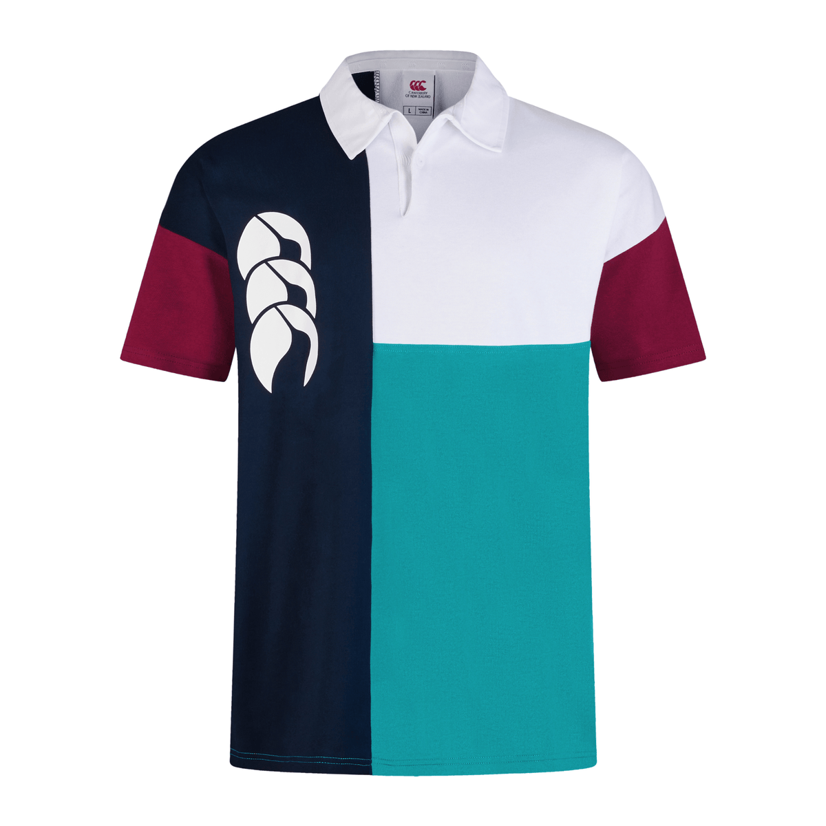 The Canterbury Harlequin Short Sleeve Rugby Jersey features a bold color block design in dark blue, teal, maroon, and white with Canterbury's white logo on the left chest.