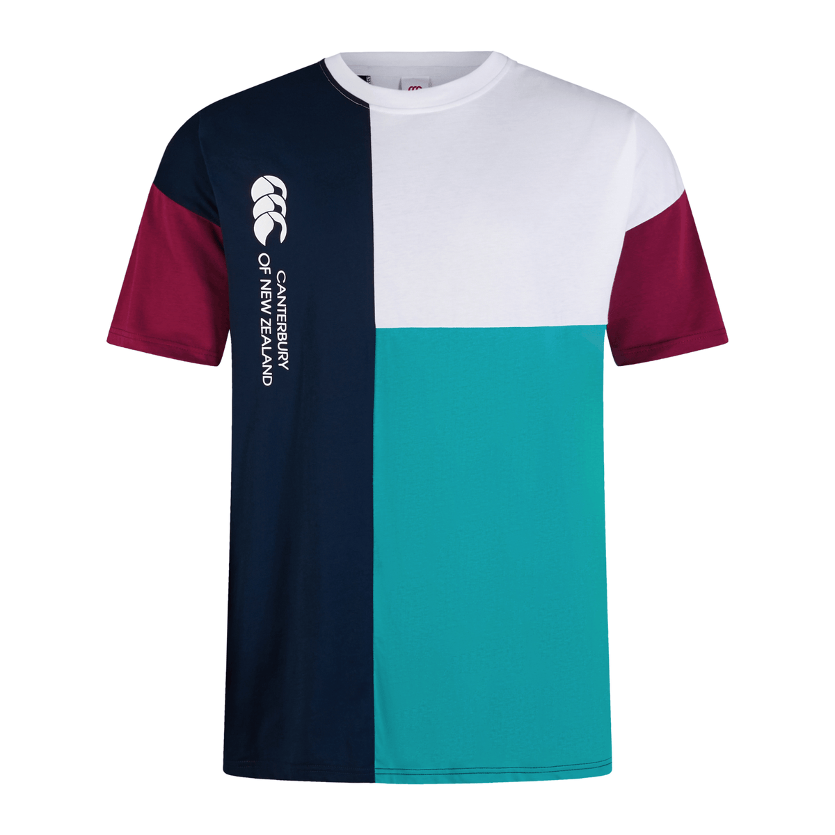 The Canterbury Harlequin T-Shirt by Canterbury features a relaxed fit with a bold color-block design in black, white, purple, and teal, highlighted by the classic Canterbury logo on the front.