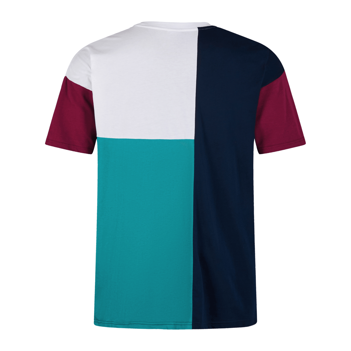 The back view of the Canterbury Harlequin T-Shirt showcases a relaxed fit with a color-block design: white and teal on the left, navy and maroon on the right.