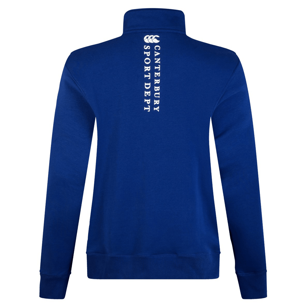 The back of the blue Canterbury Sport Dept 1/4 Zip Pullover displays "Canterbury Sport Dept" text on the upper back. This pullover, known for its rib-knit cuffs, merges style and functionality for sports lovers.