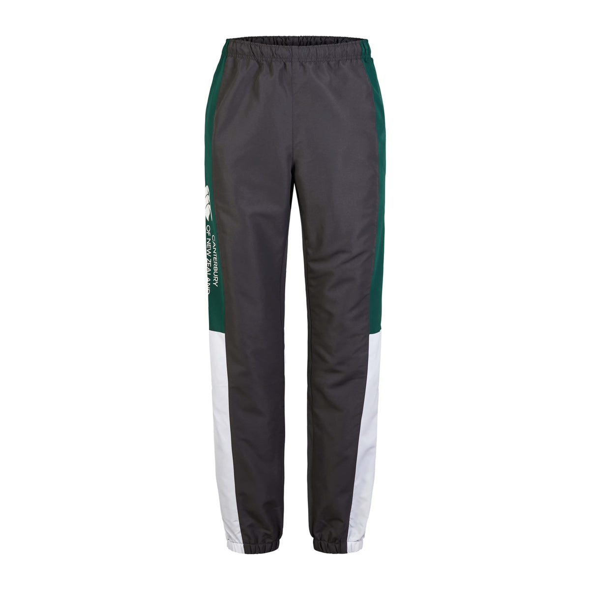 Explore the must-have Canterbury Legends Track Pant for every rugby fan. These dark gray pants feature green side panels, white sections near the ankles, an elastic waistband, and printed text on the left leg.