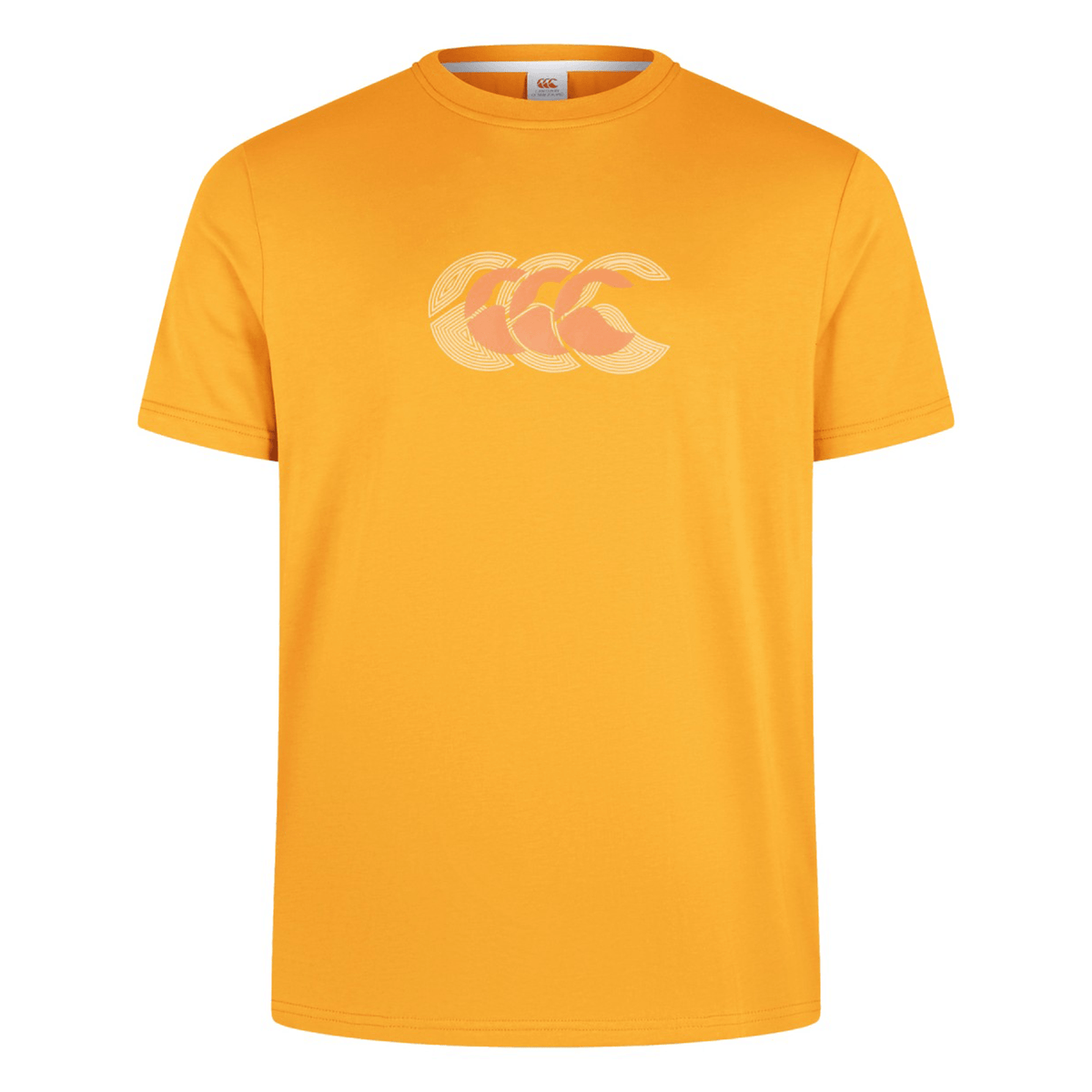 The Canterbury Fundamental T-Shirt, by Canterbury, is a classic fit tee in orange featuring a central stylized CCC logo with three interlocking elements.