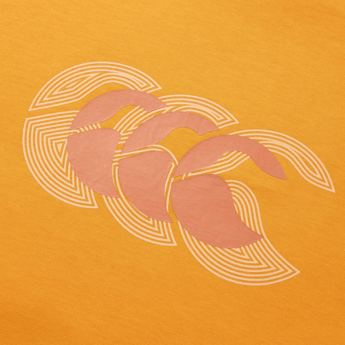 The Canterbury Fundamental T-Shirt by Canterbury features an abstract geometric design with wavy pink shapes and concentric white lines on an orange background, evoking a classic fit aesthetic.