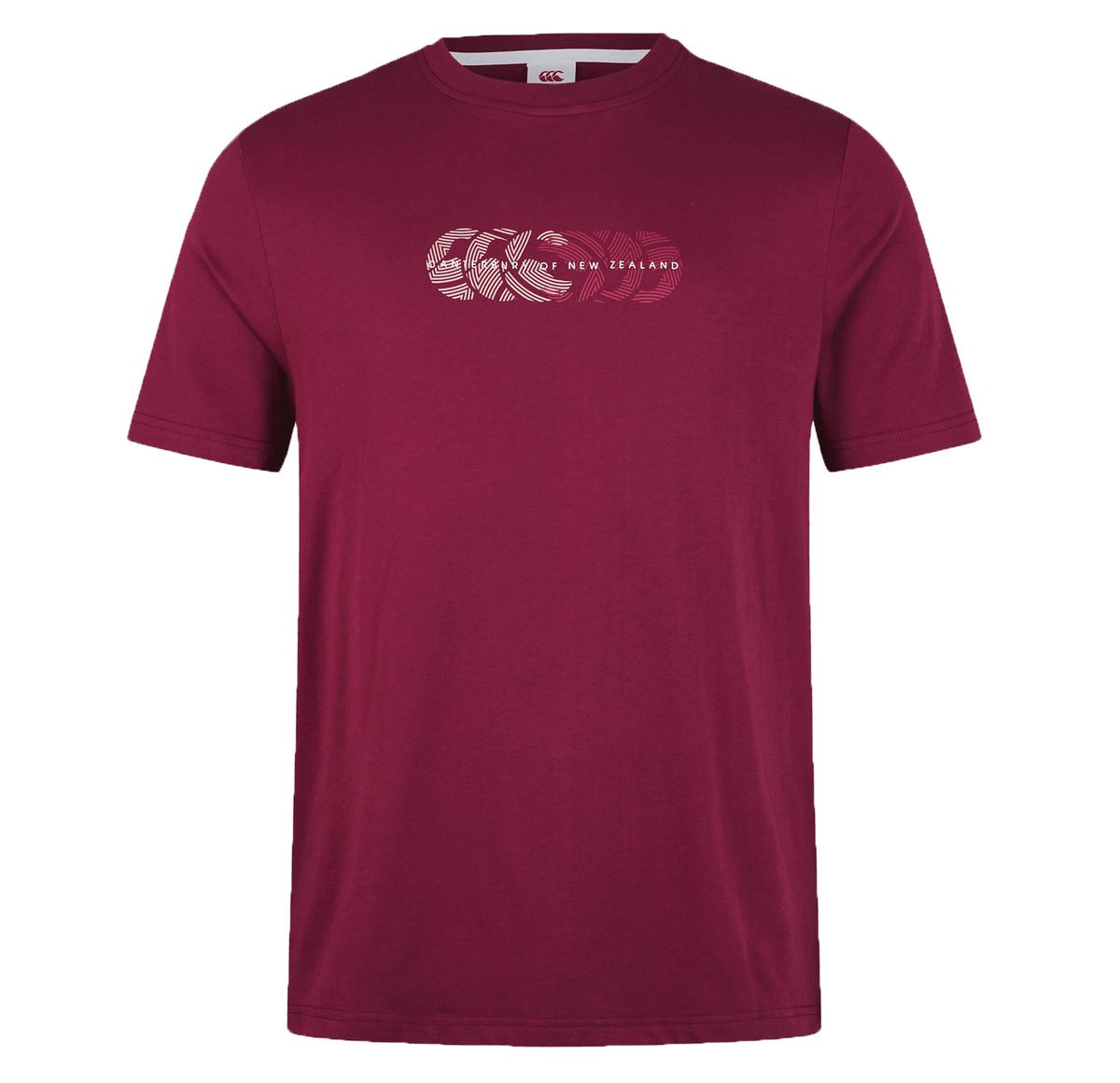 The Canterbury Fundamental T-Shirt is a classic fit maroon tee with the iconic CCC logo and bold "New Zealand" text across the chest, capturing its essence.