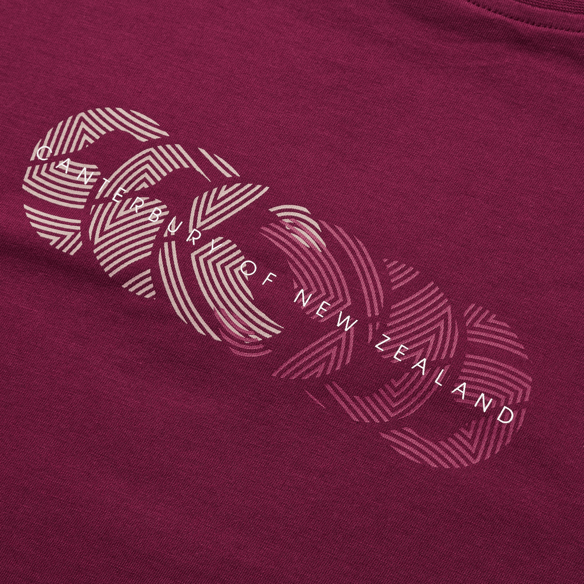 A classic fit burgundy shirt features a white abstract fern and "Museum of New Zealand" text, echoing the Canterbury Fundamental T-Shirt style with a subtle CCC logo.