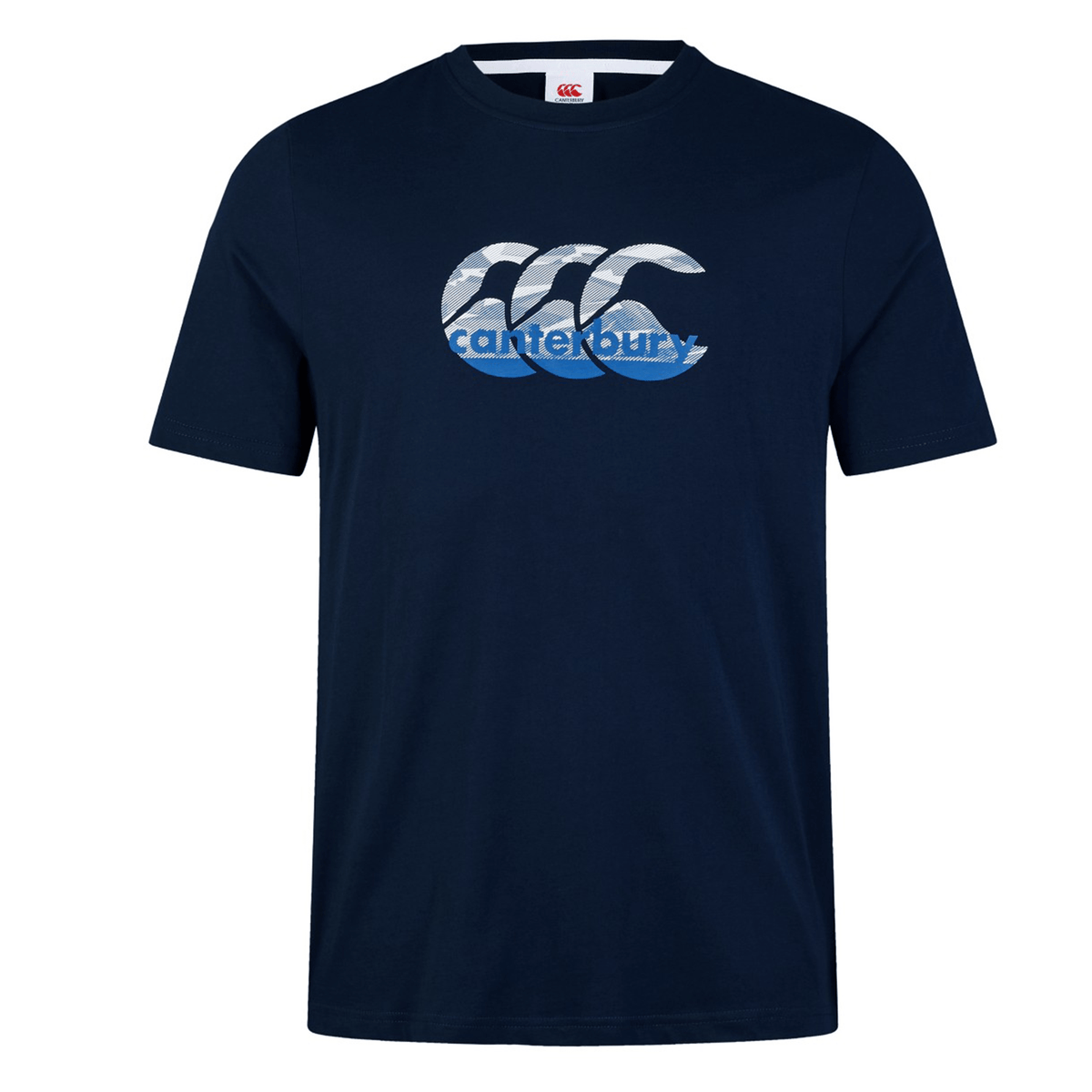 Explore the Canterbury Fundamental T-Shirt, a classic fit navy tee branded with the iconic CCC logo in stylized lettering on the front, delivering timeless style and unmatched comfort.