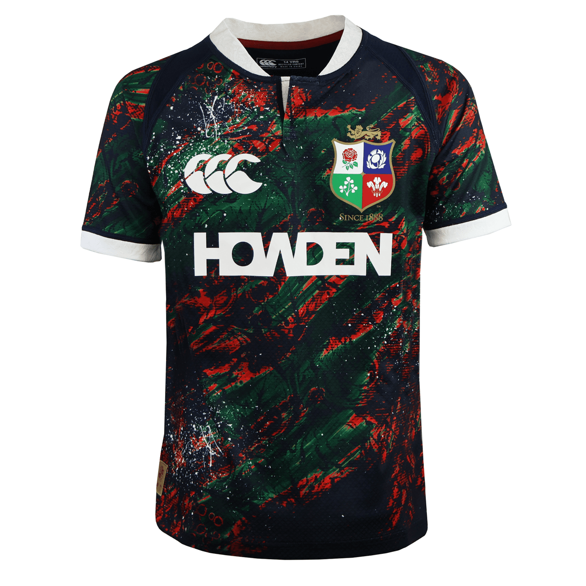 The Youth British & Irish Lions 2025 Warm Up Jersey by Canterbury features a vibrant abstract design with Canterbury, HOWDEN, and British & Irish Lions logos against a dark backdrop. Its moisture-wicking fabric ensures comfort while you cheer for your team.