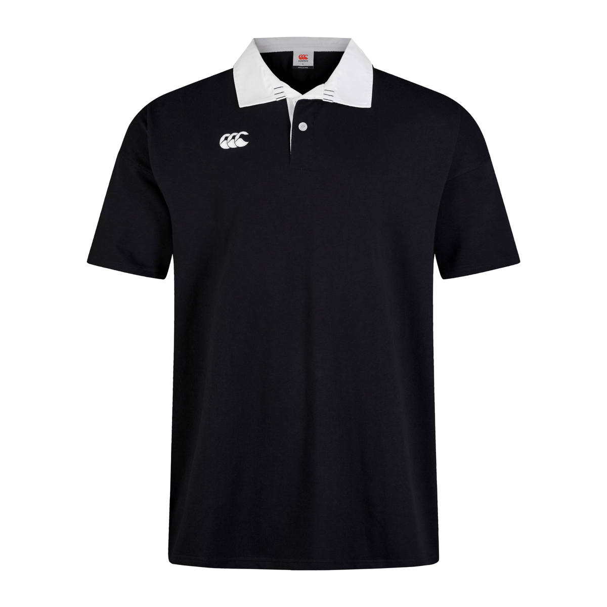 The Canterbury Solid Dye Short Sleeve Rugby Jersey by Canterbury is a black polo shirt featuring a classic white collar and chest logo, crafted from high-quality fabric for comfort and style.