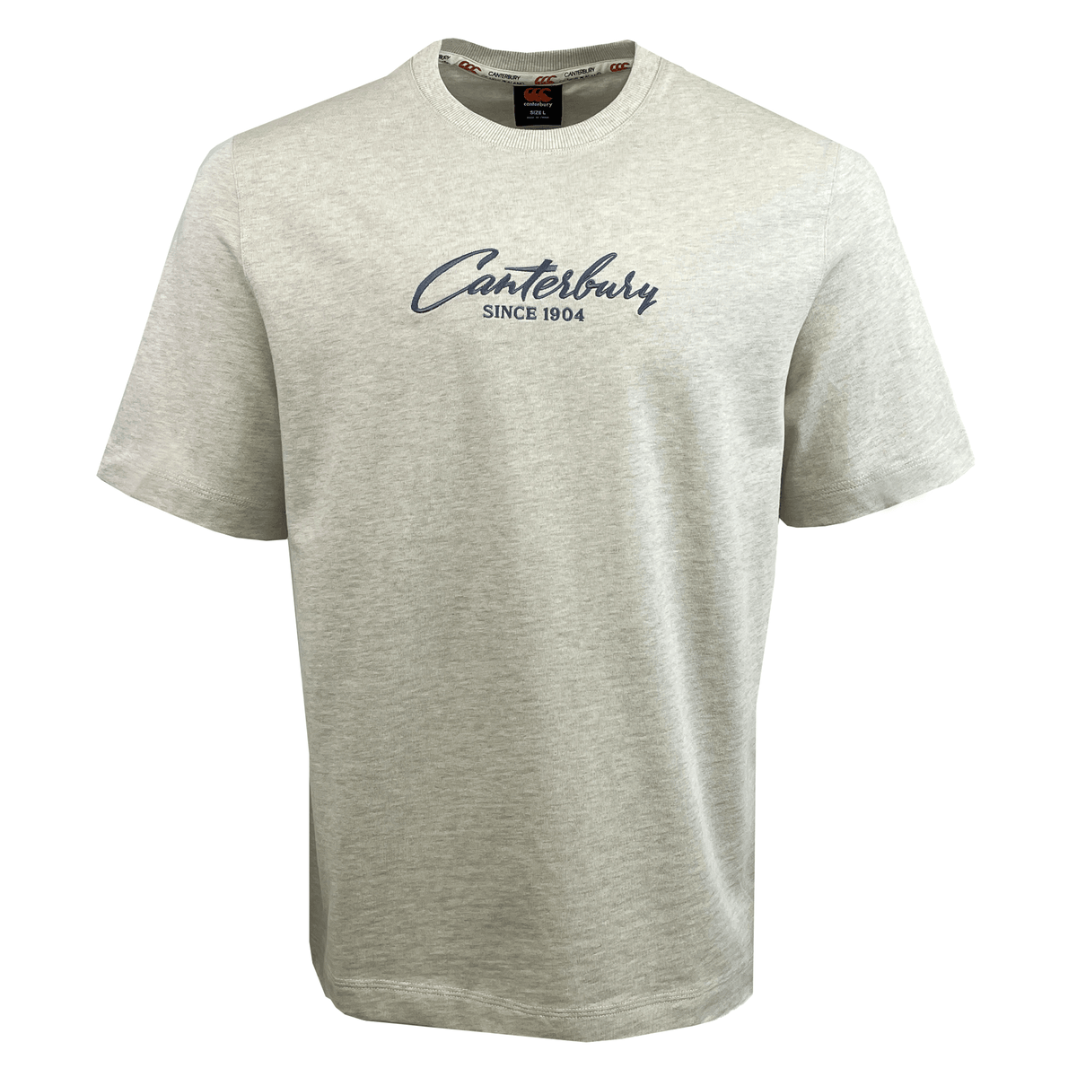 The Canterbury Heritage Script T-Shirt, made of organic cotton, showcases "Canterbury Since 1904" in elegant blue cursive on the front, perfect for fans of timeless style and sustainable fashion.