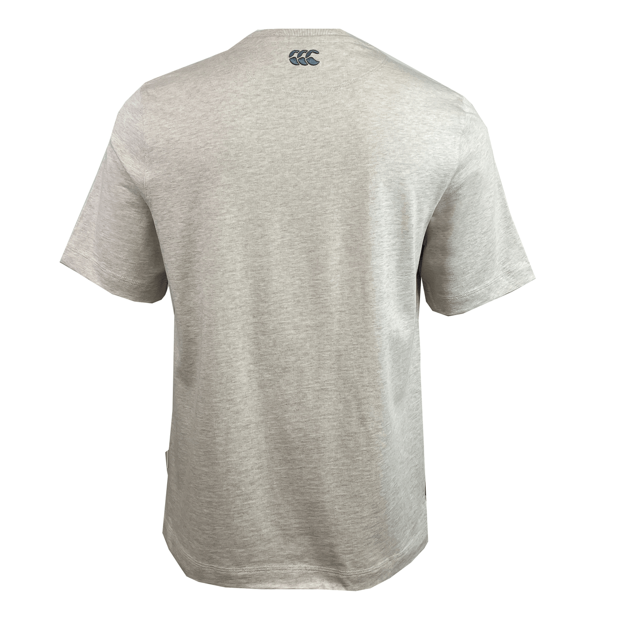 The gray Canterbury Heritage Script T-Shirt, made from organic cotton, showcases a small blue logo on the back near the neckline.