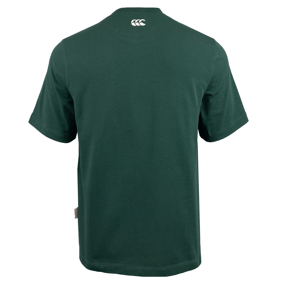 The Canterbury Heritage CCC T-Shirt is a dark green short-sleeve, crafted from organic cotton with a classic touch and featuring a small logo on the upper back.