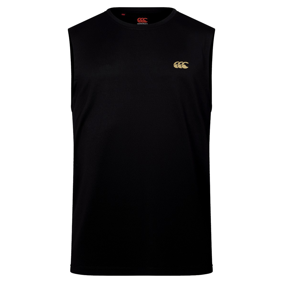 The Canterbury Tempo+ Training Tank is a sleeveless black top with an athletic fit, showcasing a small gold Canterbury logo on the left chest, displayed on a white background.