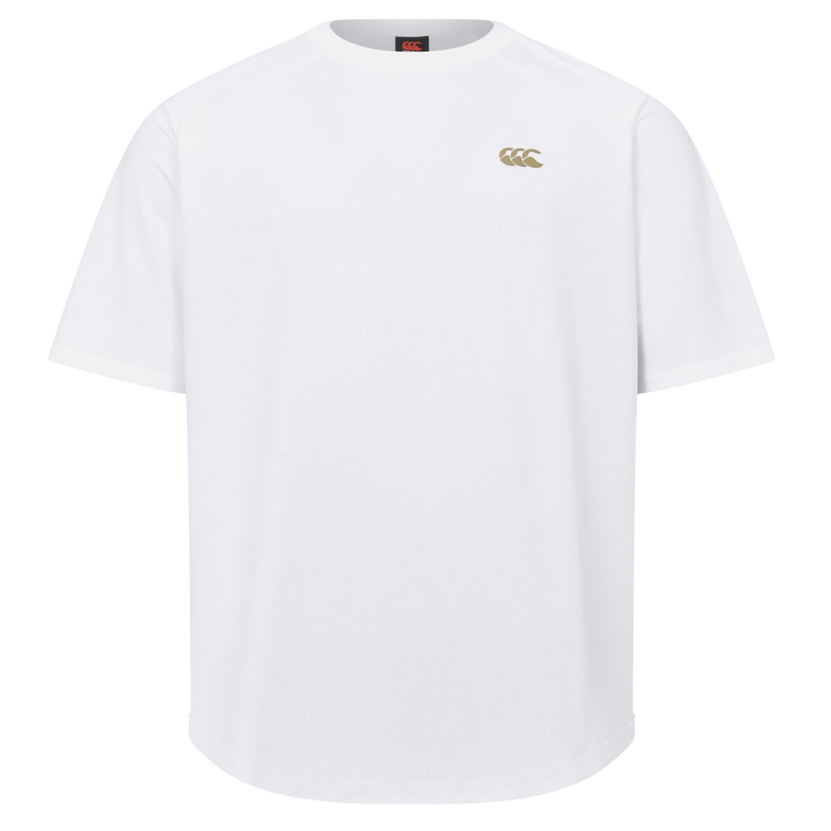 The Everest Training Tee by Canterbury is a plain white shirt featuring a small gold logo on the left chest and a performance fit, perfect for intense rugby training sessions.