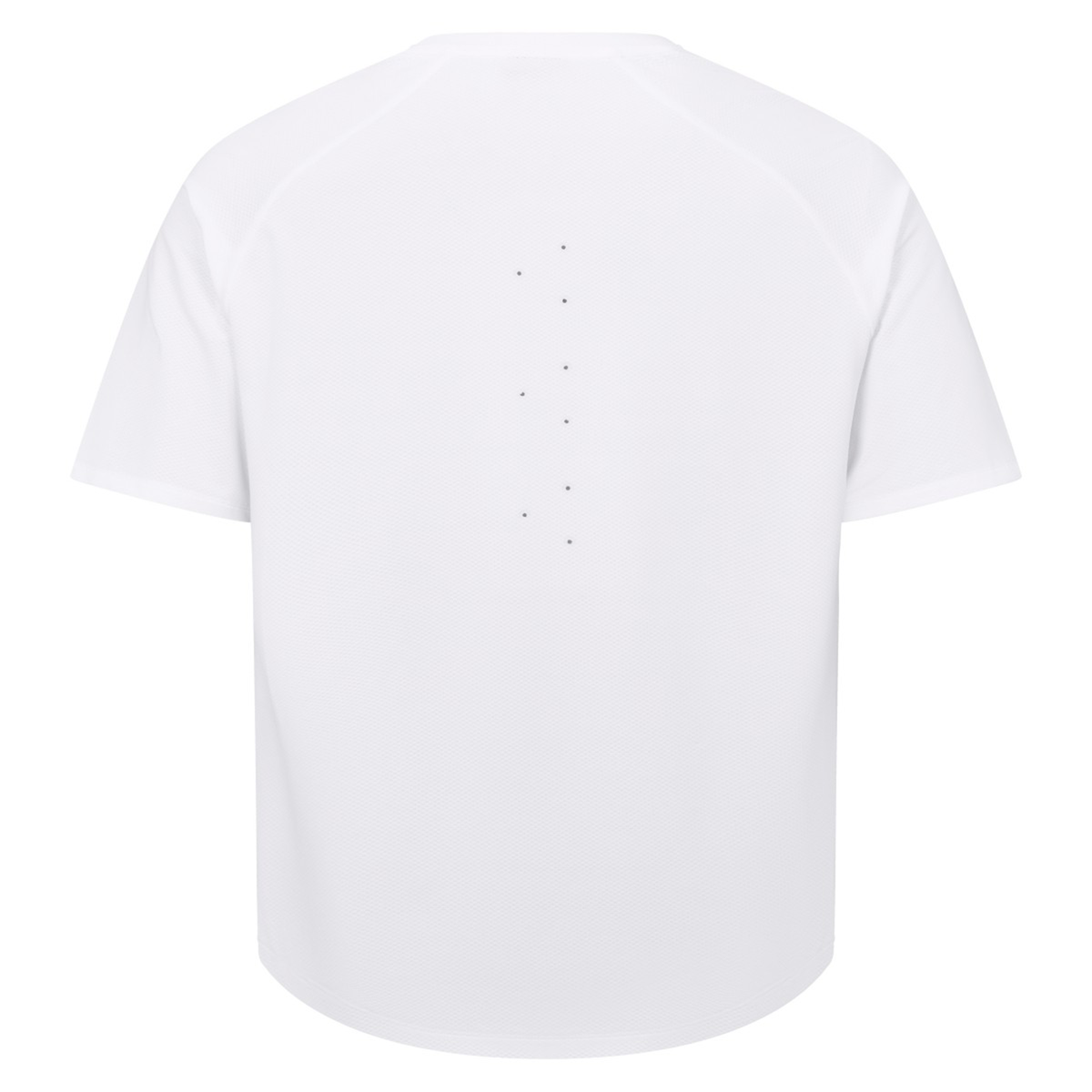 The back of the Canterbury Everest Training Tee features a vertical line of small black dots. This plain white, short-sleeve performance fit shirt is ideal for rugby training sessions.