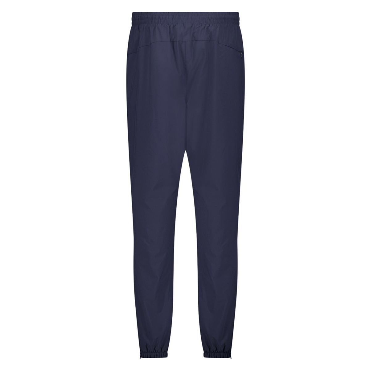 The Canterbury Tempo+ Training Trackpant, shown from the back, is a navy blue jogger with a tapered fit, featuring an elastic waistband and cuffs. It's made from bi-stretch fabric for superior comfort.
