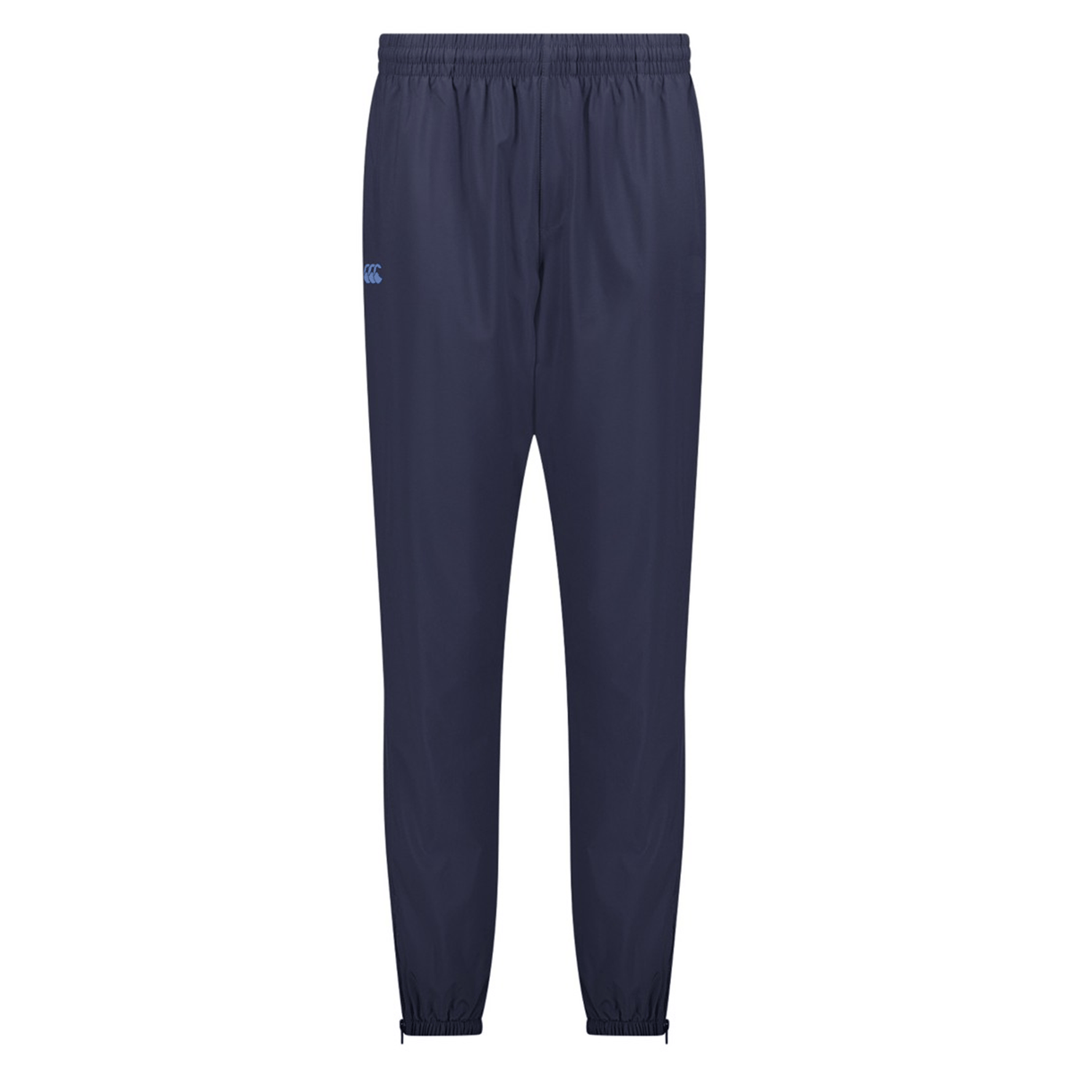The Canterbury Tempo+ Training Trackpant in dark blue offers a tapered fit with an elastic waistband and cuffs. Made from bi-stretch fabric, it features a small logo on the upper left.