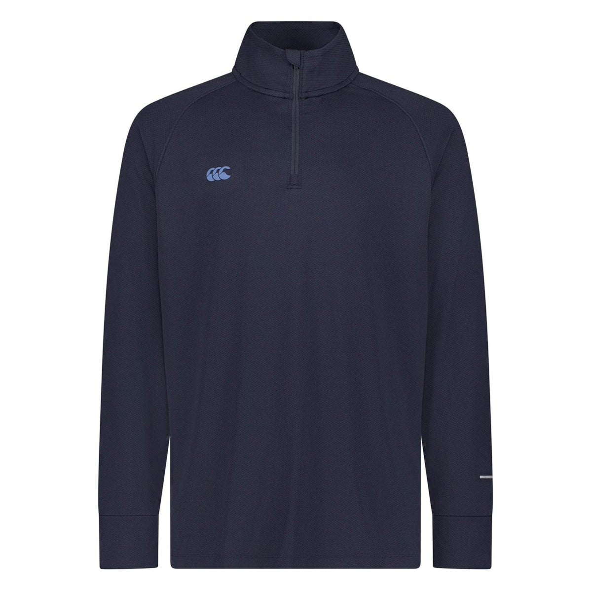 Dark navy Canterbury Tempo+ 1/4 Zip Training Top made from Diamond Fabric, featuring a stylish quarter-zip collar and a subtle chest logo.