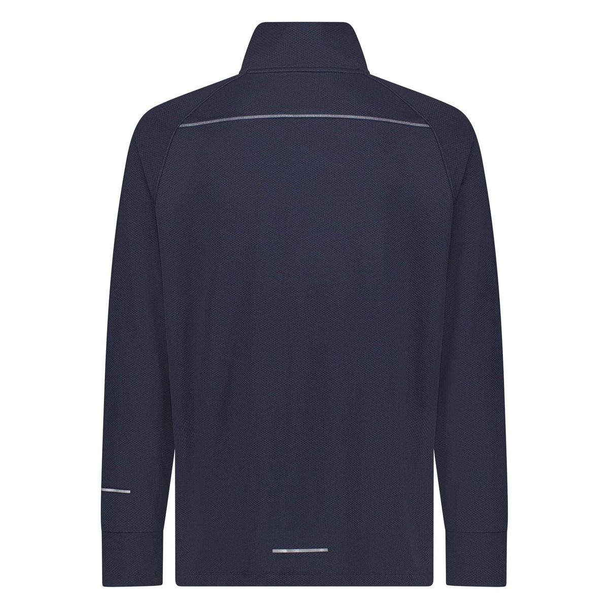Back view of a Canterbury Tempo+ 1/4 Zip Training Top, featuring long sleeves and dark navy-blue color. It has reflective strips on shoulders, sleeves, and lower back for enhanced style and durability, crafted from diamond fabric, set against a white background.