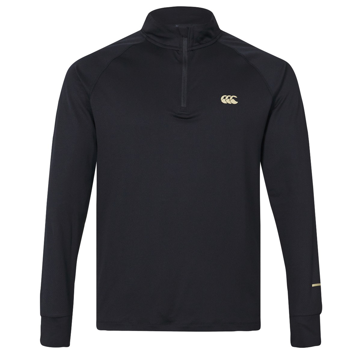 The Canterbury Tempo+ 1/4 Zip Training Top features a black design with long sleeves, a quarter-zip collar, and a gold chest logo—ideal as a stylish rugby training top.