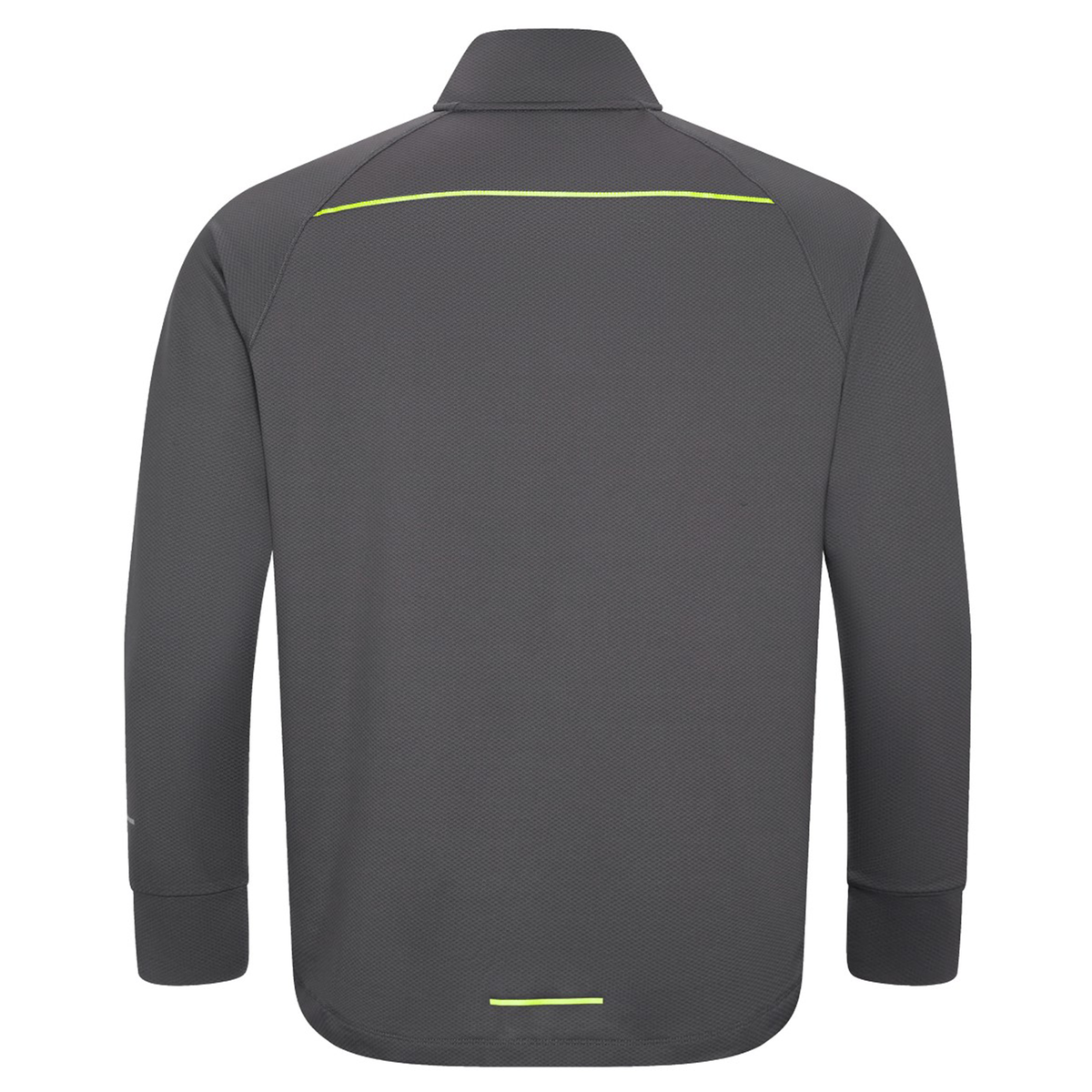 The Canterbury Tempo+ 1/4 Zip Training Top is a gray long-sleeve top with a collar, shown from the back, featuring two thin yellow reflective strips near the shoulders and lower back.