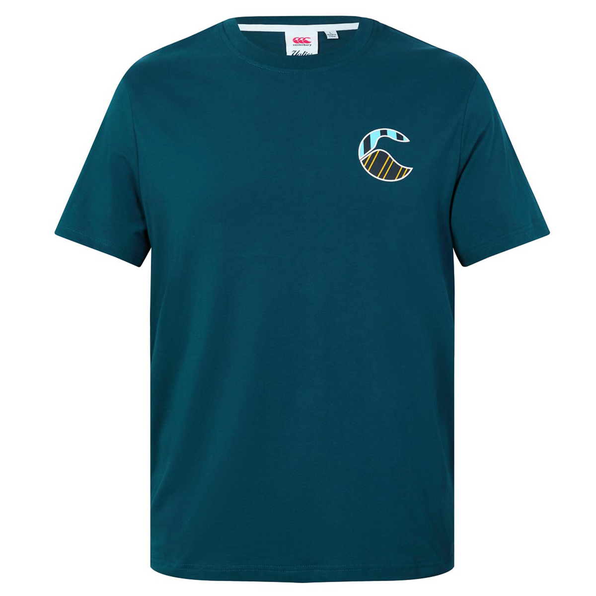The Canterbury Uglies Logo T-Shirt features a teal short-sleeve design with a small, stylized "C" logo—showcasing wave and stripe patterns—on the left chest, inspired by classic Canterbury rugby shirt styles.