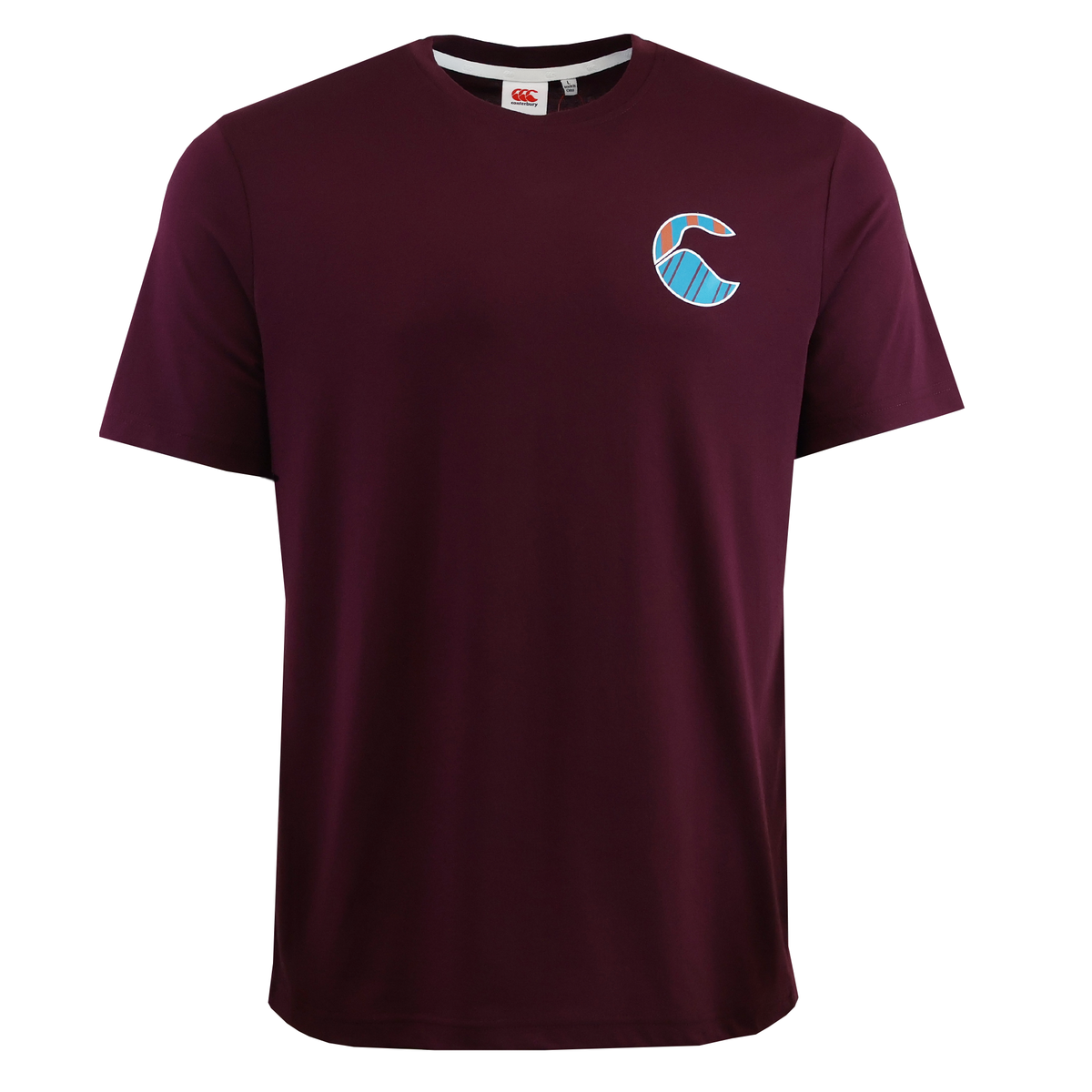 The Canterbury Uglies Logo T-Shirt is a plain maroon, short-sleeved rugby tee featuring a small blue and white stylized wave logo on the left chest.