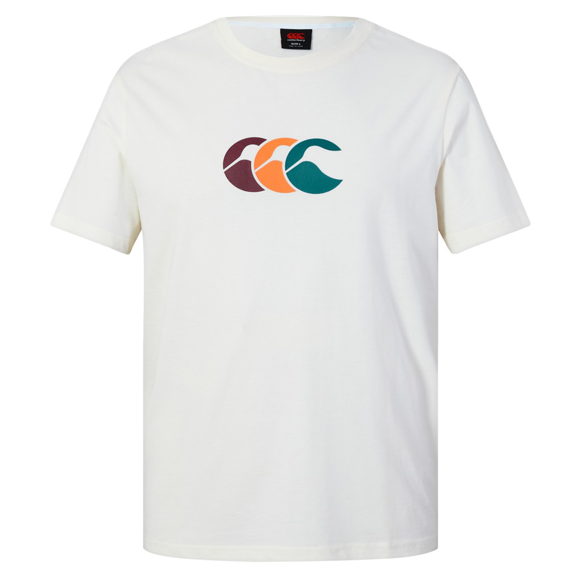 The Fundamentals CCC Logo T-Shirt by Canterbury is a white, short-sleeve tee featuring three overlapping wave-like shapes in purple, orange, and teal on the chest—a true Canterbury essential.