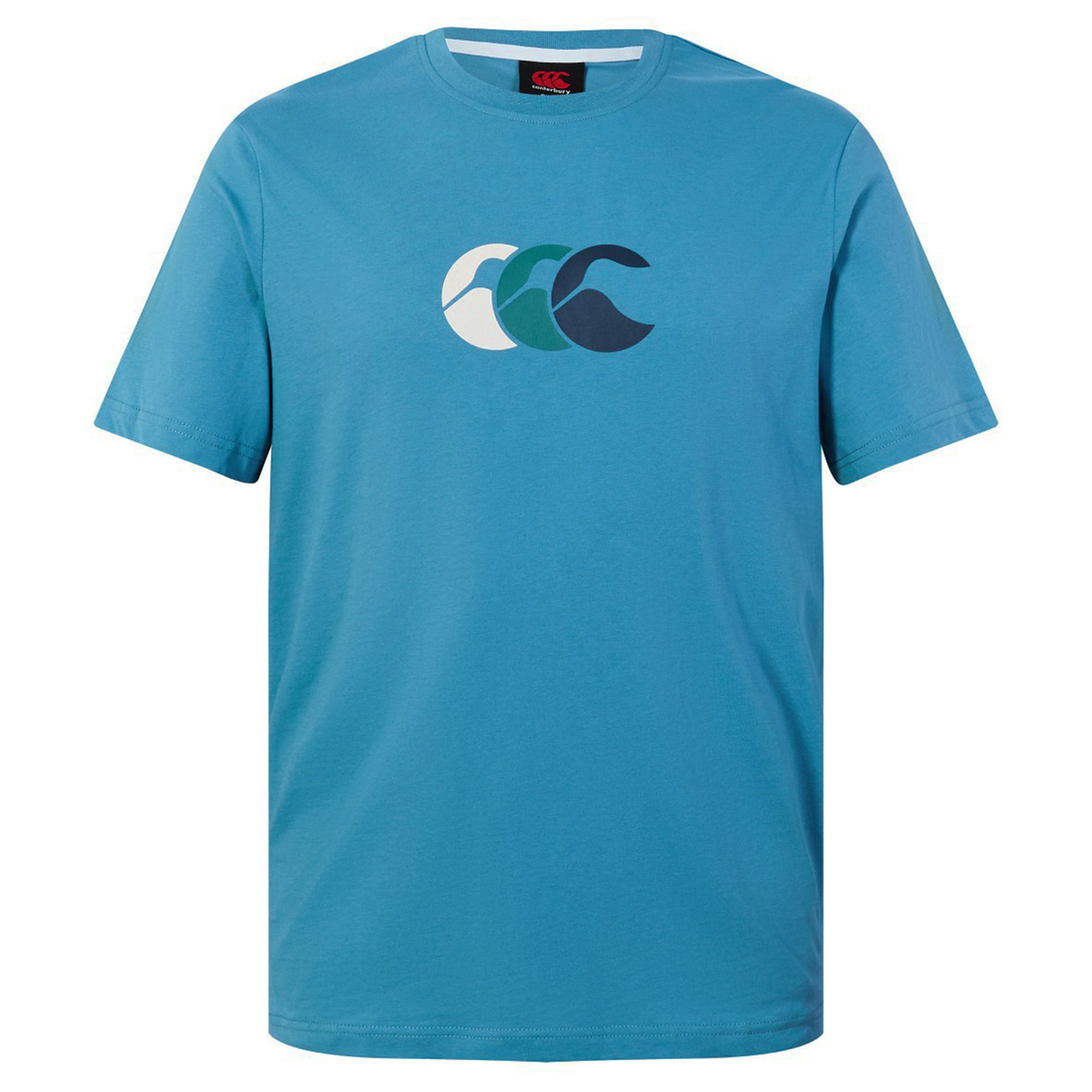 Show your Canterbury pride in the Fundamentals CCC Logo T-Shirt, a plain blue short-sleeve tee featuring three overlapping wave shapes in white, teal, and navy centered on the chest.