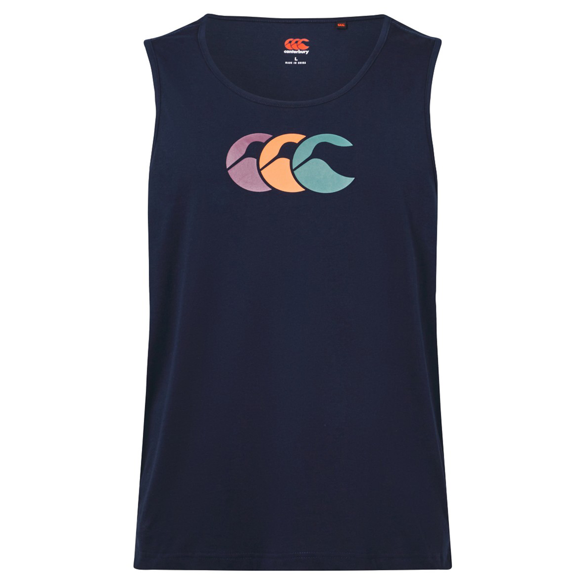 The Canterbury Fundamentals CCC Logo Tank by Canterbury H225 is a navy blue sleeveless top with three overlapping wave logos in pink, orange, and light blue on the chest—a classic style from the brand.