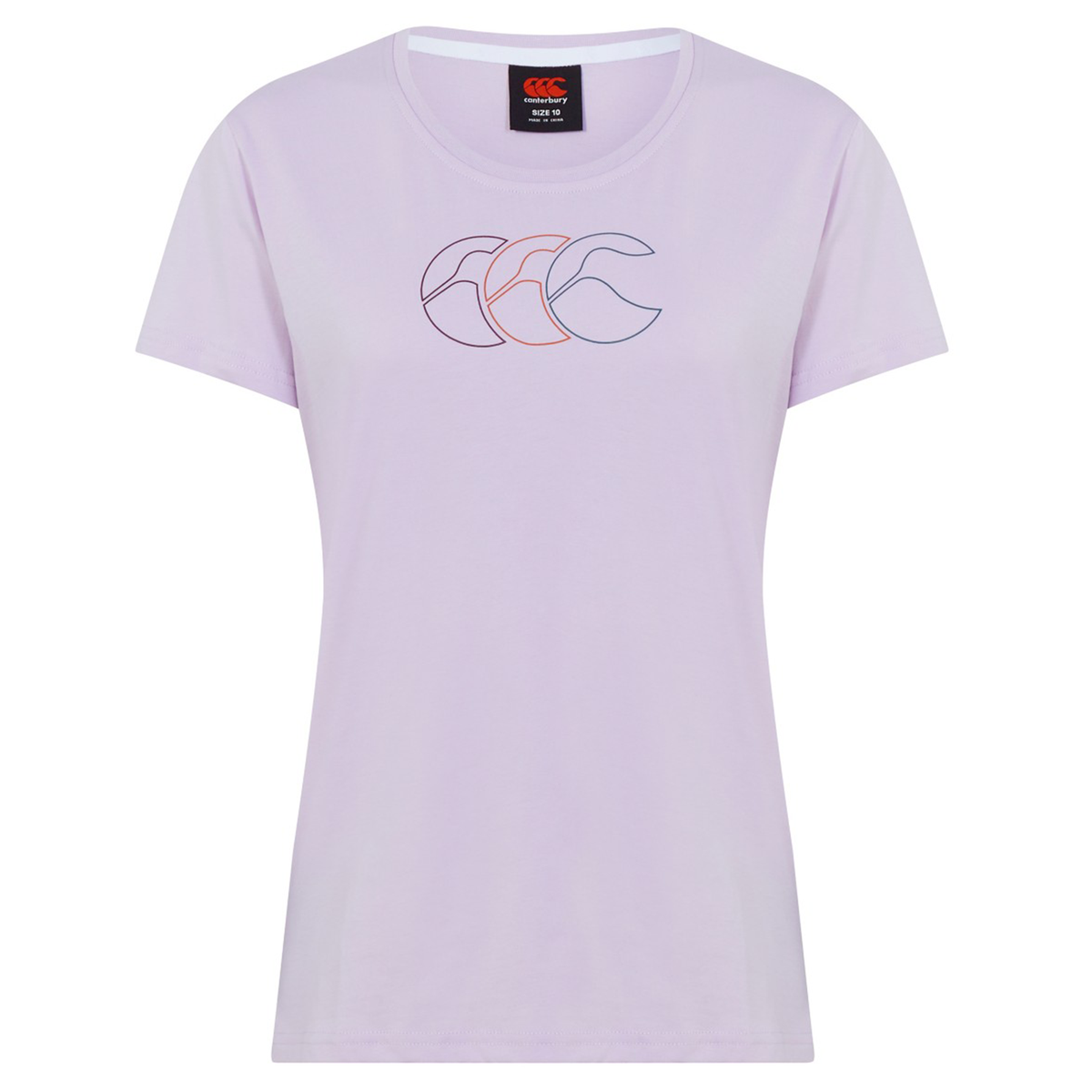 The Women's Fundamentals CCC Logo T-Shirt by Canterbury features a light purple, short-sleeve design with a minimalist triple-“C” logo on the chest and brand plus size details on the neck tag—perfect for women's sportswear.