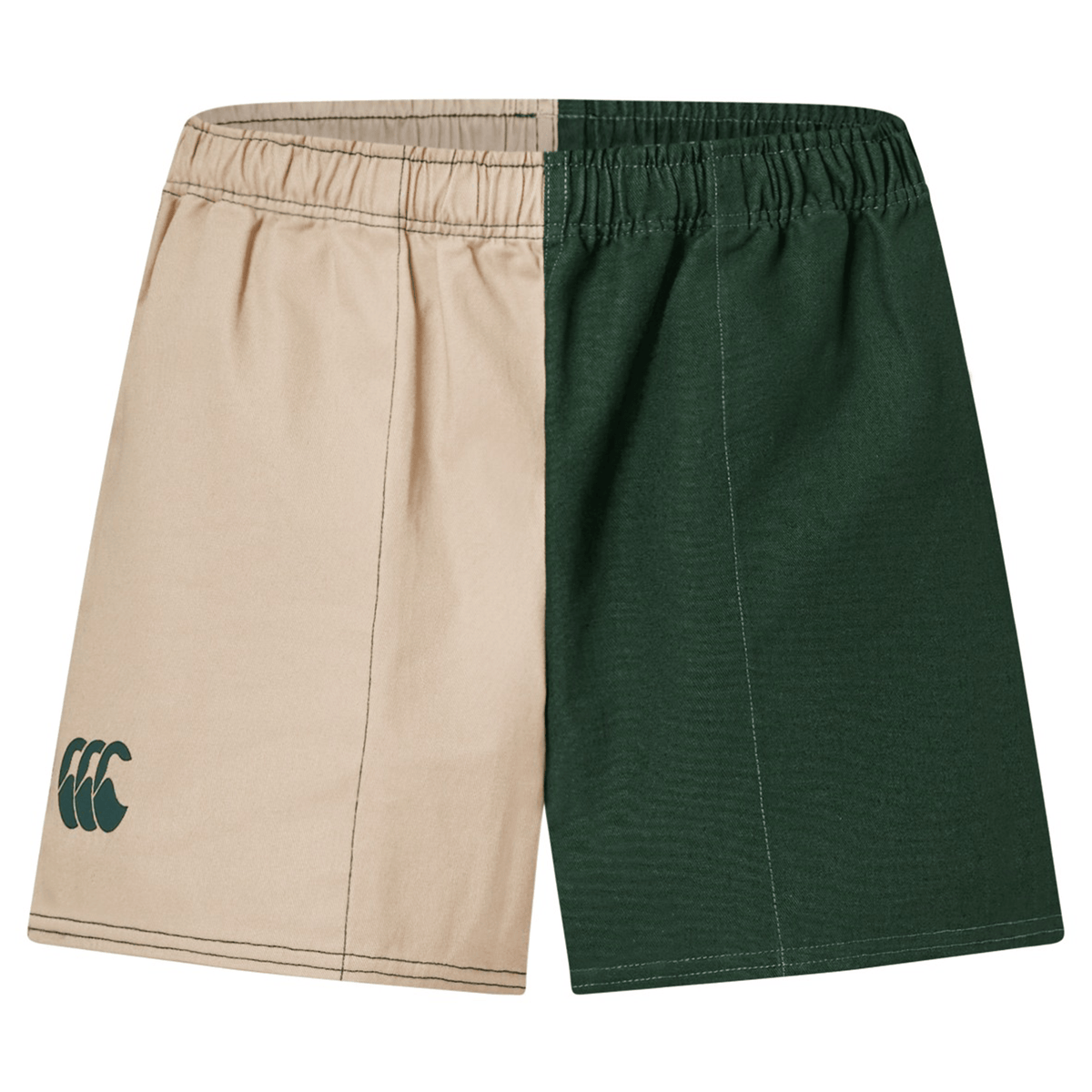 The Canterbury Fundamental Harlequin Drill Short by Canterbury features a beige left side, dark green right, elastic waistband, and logo on the left leg—ideal cotton shorts for active days.