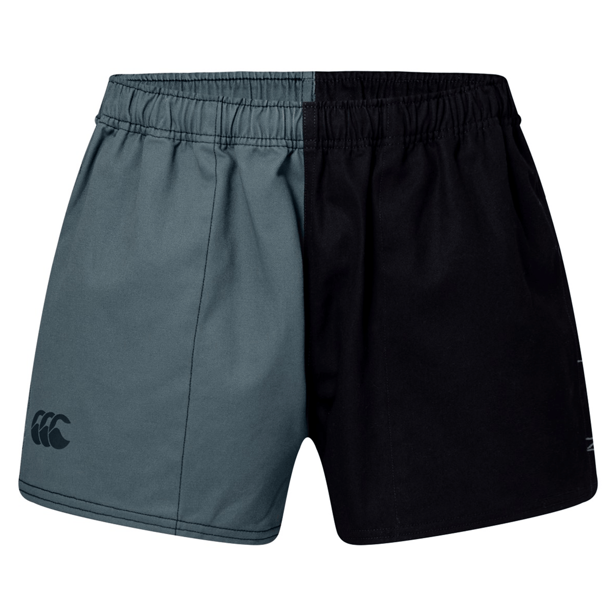 The Canterbury Fundamental Harlequin Drill Short by Canterbury features a teal left side, black right side, elastic waistband, and a logo on the left leg. Crafted from cotton, these athletic shorts offer both style and comfort.