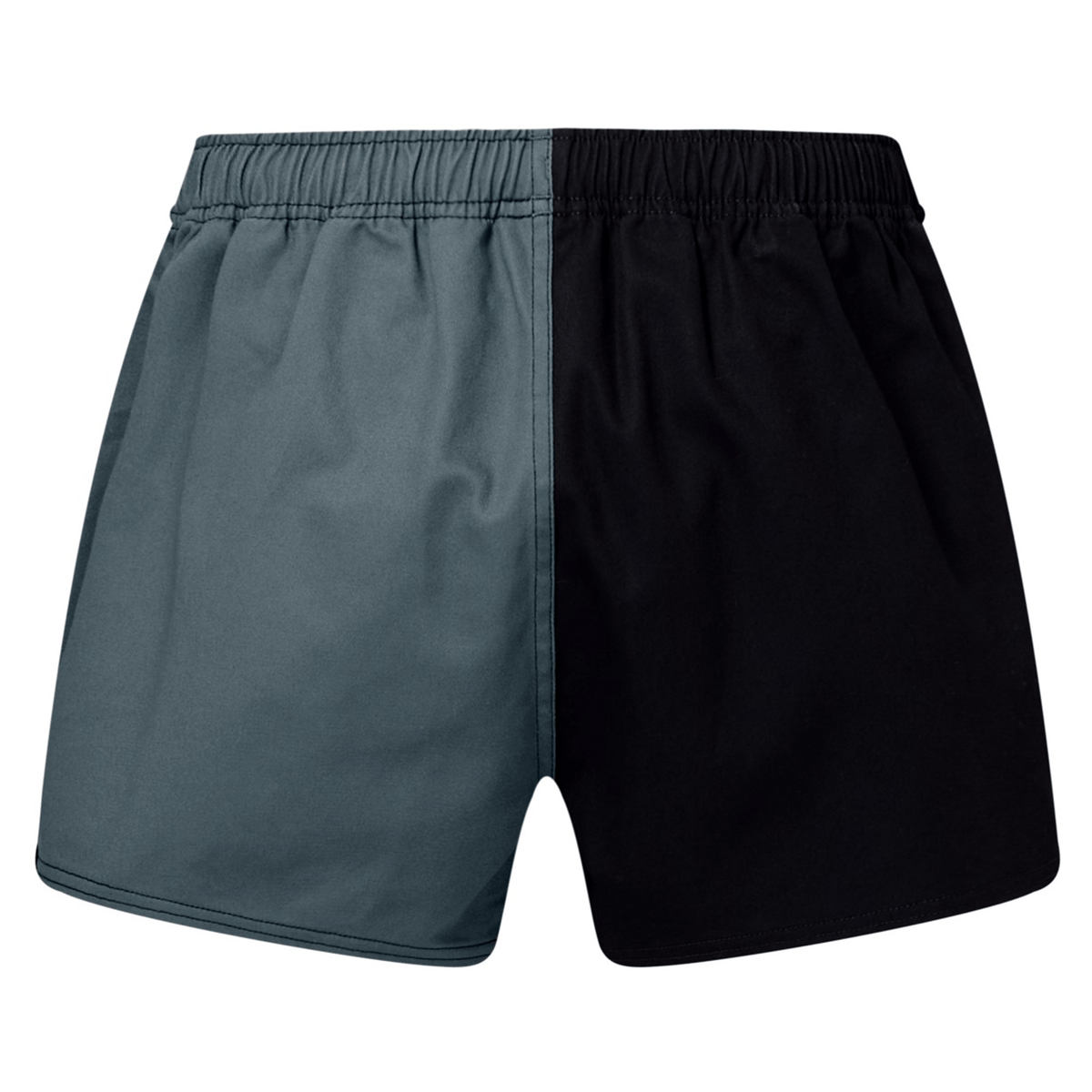 The Canterbury Fundamental Harlequin Drill Short by Canterbury features an elastic waistband and a half-and-half design: gray on the left and black on the right.