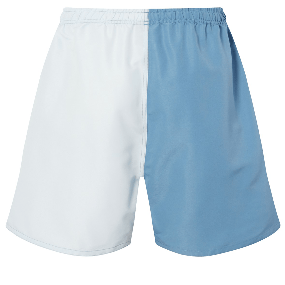 The Canterbury Fundamental Harletic 3″ Rugby Shorts by Canterbury feature a two-tone design with white fabric on the left side and light blue fabric on the right. These classic rugby shorts offer an elastic waistband and a comfortable 3-inch inseam for ease of movement.