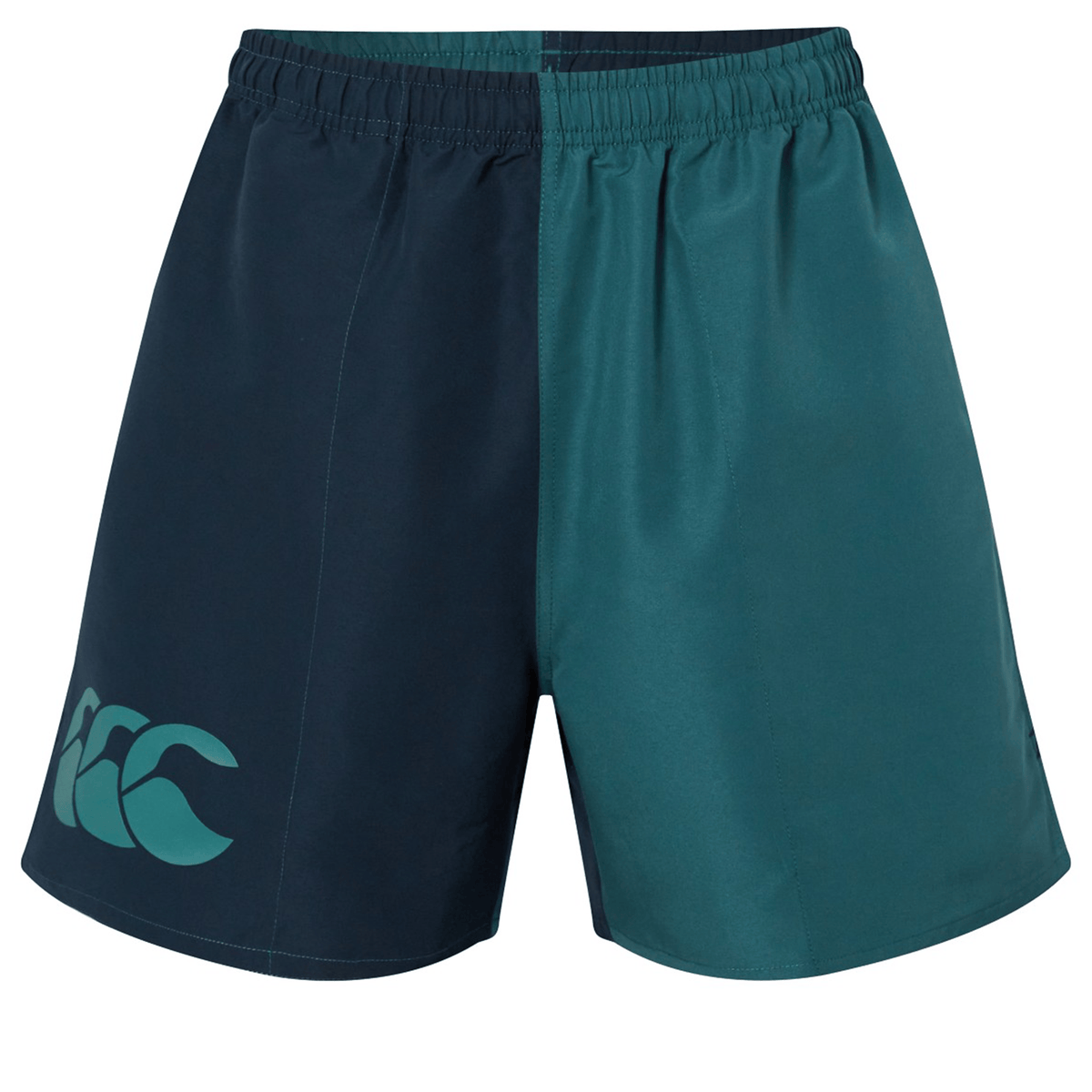 Introducing the Canterbury Fundamental Harletic 3″ Rugby Shorts by Canterbury—two-tone athletic shorts featuring an elastic waistband for comfort. The left side is dark blue with a prominent logo, while the right side is teal. Inspired by classic Canterbury shorts, these rugby shorts offer a 3-inch inseam designed for ease of movement.
