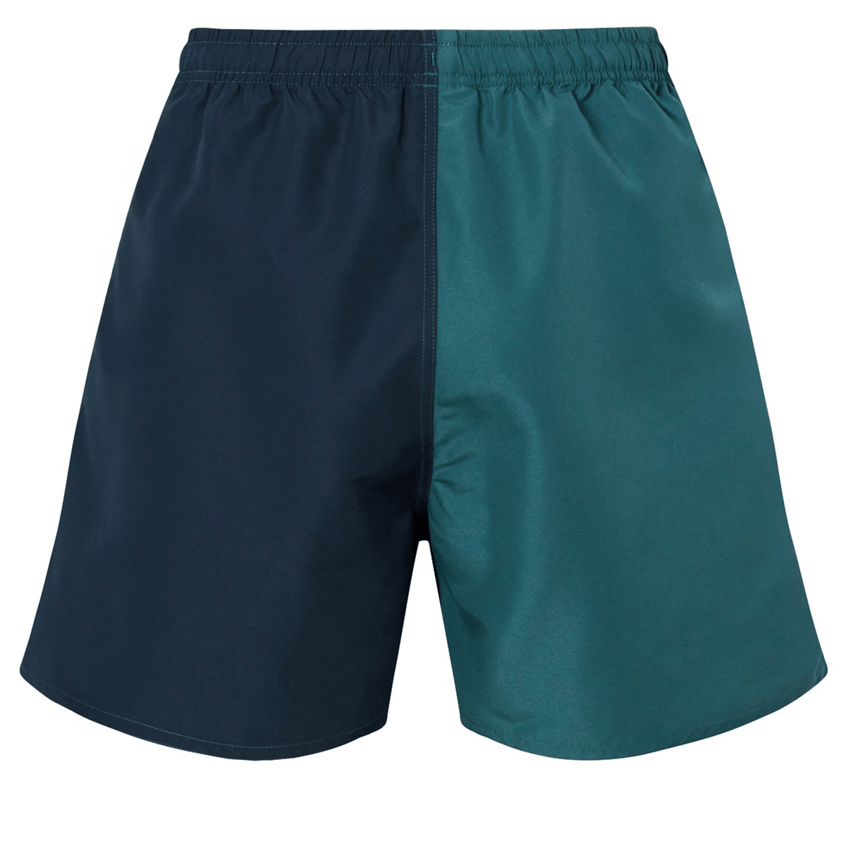 Canterbury Fundamental Harletic 3″ Rugby Shorts by Canterbury, featuring a two-tone design with a navy blue left side and teal right side, an elastic waistband, a minimalist unadorned style, and a comfortable 3-inch inseam.