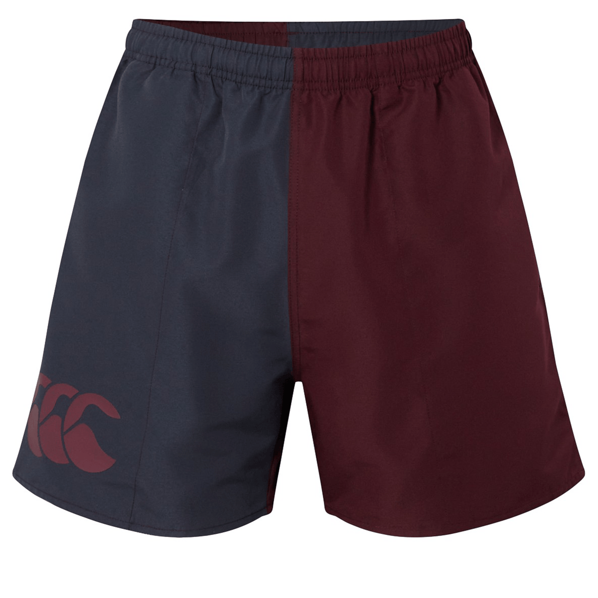 Canterbury Fundamental Harletic 3″ Rugby Shorts by Canterbury, featuring a two-tone design with a navy left side and maroon right side, a logo on the left thigh, and a comfortable 3-inch inseam.