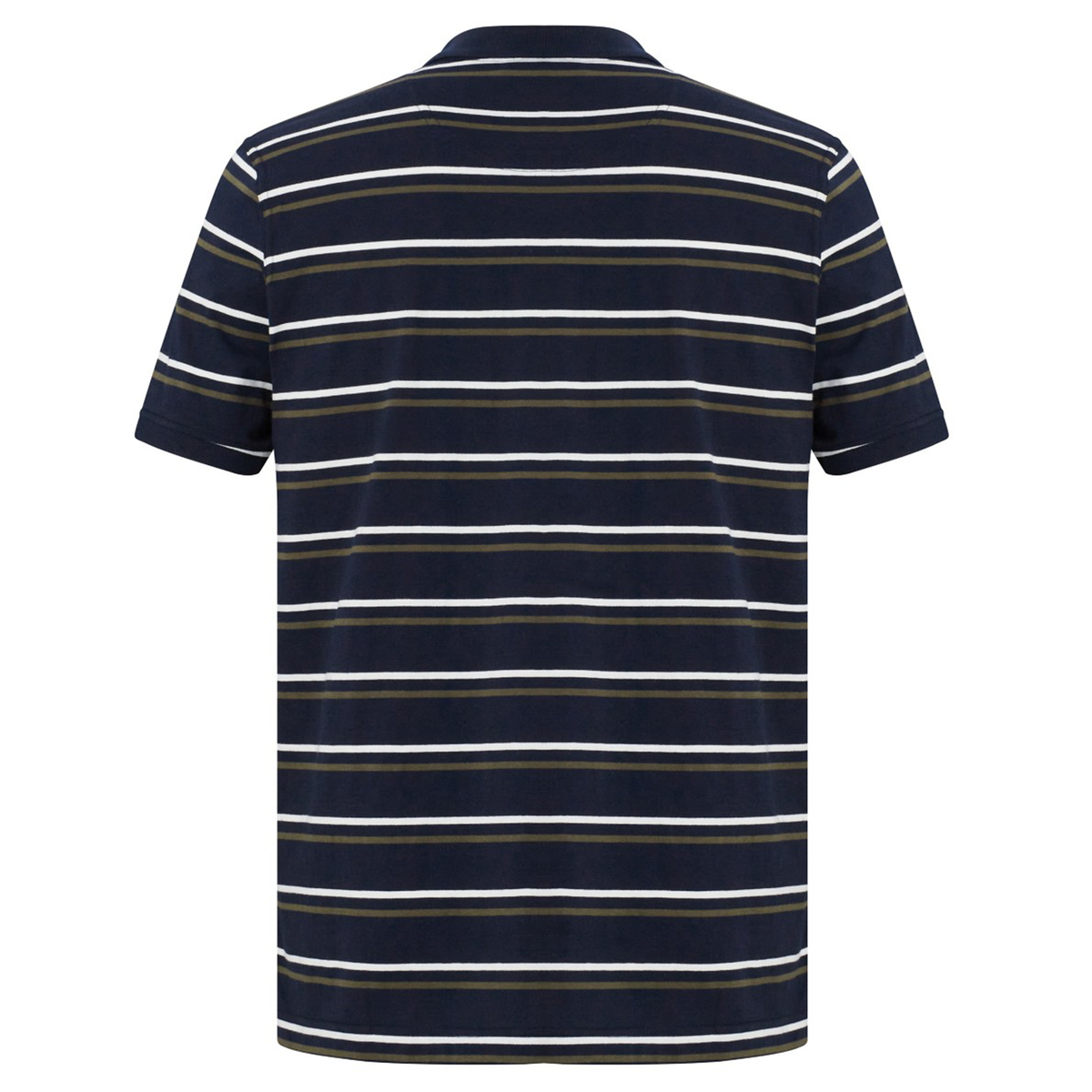 The Fundamental Yarn Dye Stripe Polo by Canterbury features navy blue fabric with horizontal white and beige stripes, shown from the back.