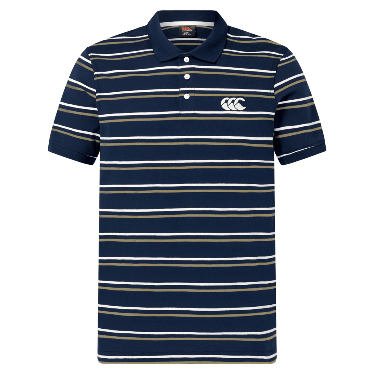 Introducing the Canterbury Yarn Dye Stripe Polo by Canterbury—a navy blue short-sleeve polo shirt with horizontal white and beige stripes, a buttoned collar, and the signature white Canterbury logo on the left chest, subtly reflecting classic rugby heritage.