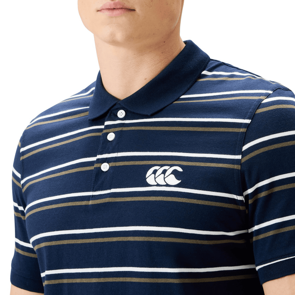 A person wearing the Canterbury Yarn Dye Stripe Polo in navy blue, white, and olive, featuring a white Canterbury logo on the chest.