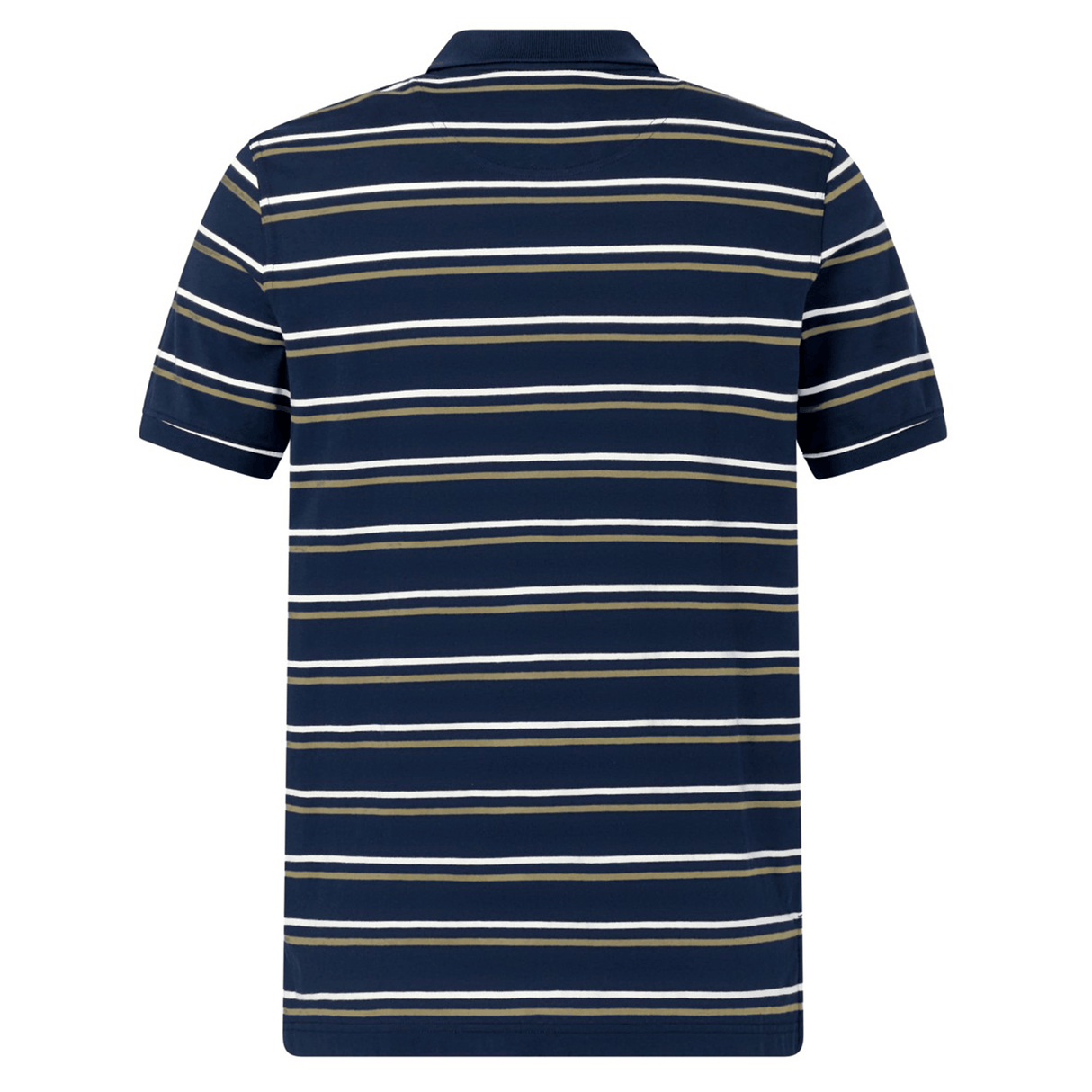Canterbury Yarn Dye Stripe Polo by Canterbury, featuring white and beige horizontal stripes on navy blue short sleeves, shown from the back against a plain background.